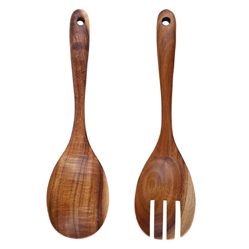 Anygleam Brown 2pcs Wooden Spoon Fork Ladle Kitchen Tableware 0
