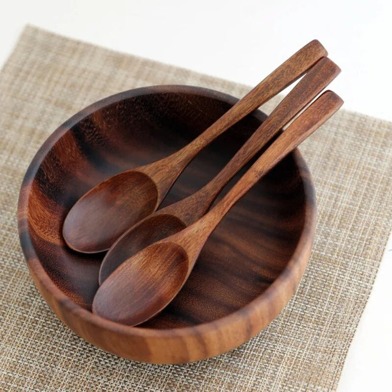 Anygleam Brown 3pcs Wooden Bowl Set Food Kitchen Tableware 2