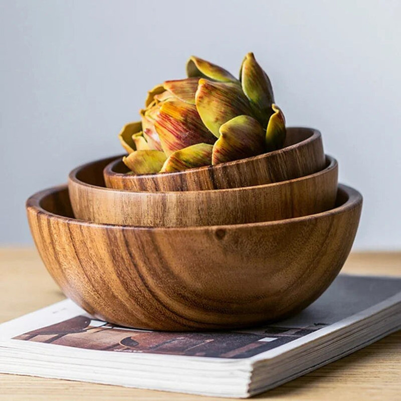 Anygleam Brown 3pcs Wooden Bowl Set Food Kitchen Tableware 6