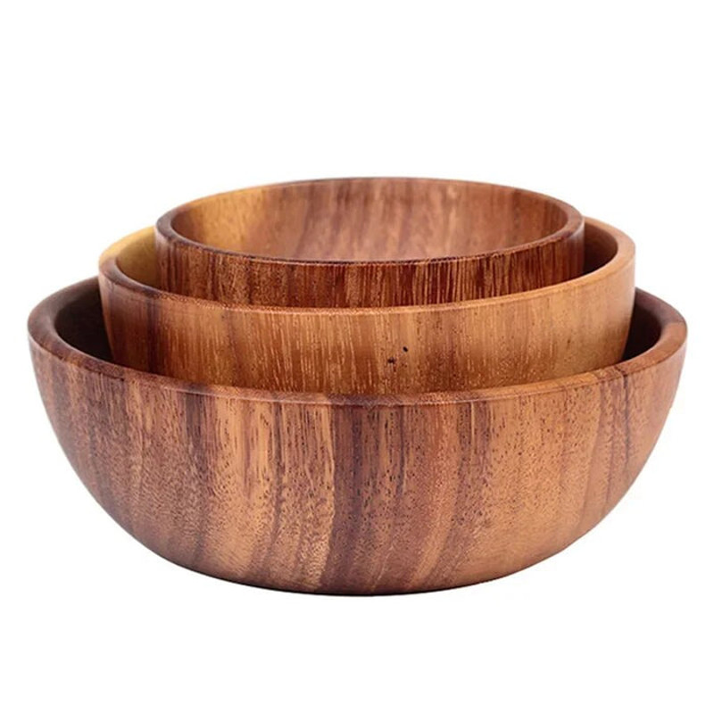 Anygleam Brown 3pcs Wooden Bowl Set Food Kitchen Tableware 0