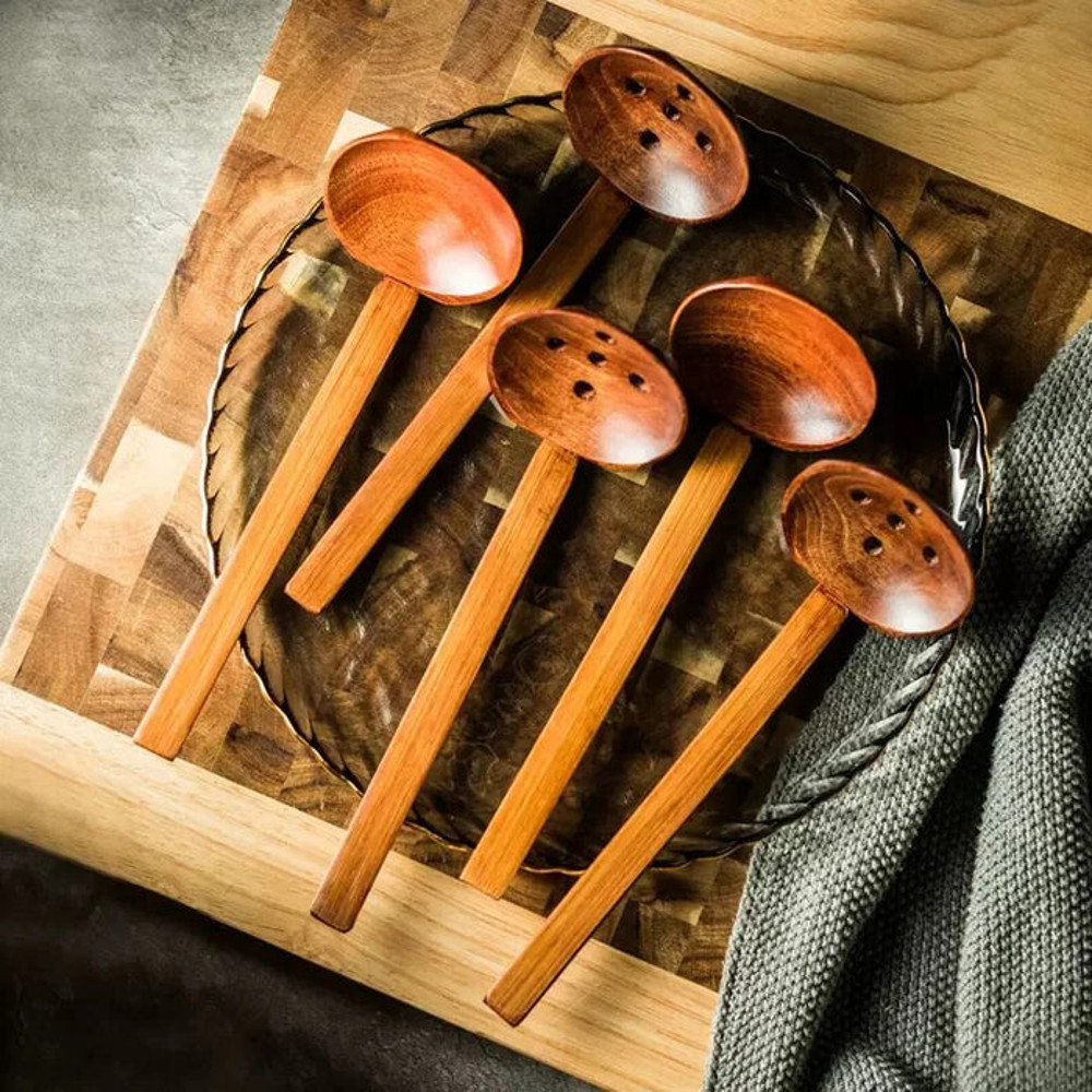 Anygleam Brown 2pcs Wooden Ladle Mix Style Food Kitchen Tableware 2