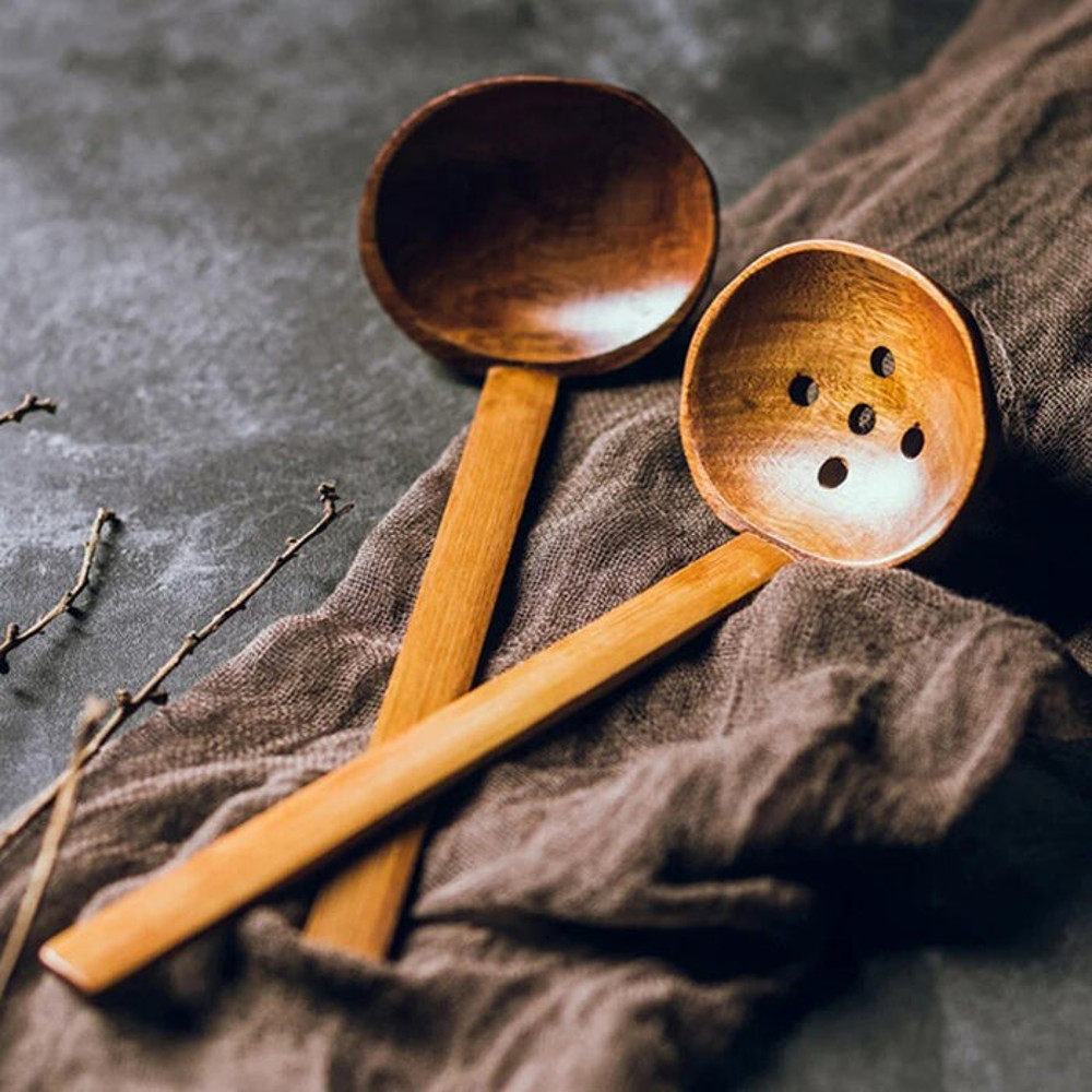 Anygleam Brown 2pcs Wooden Ladle Mix Style Food Kitchen Tableware 3