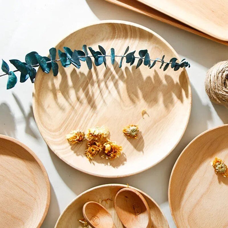 Anygleam Natural Wood 3pcs Round Wooded Plates Food Kitchen Tableware 3