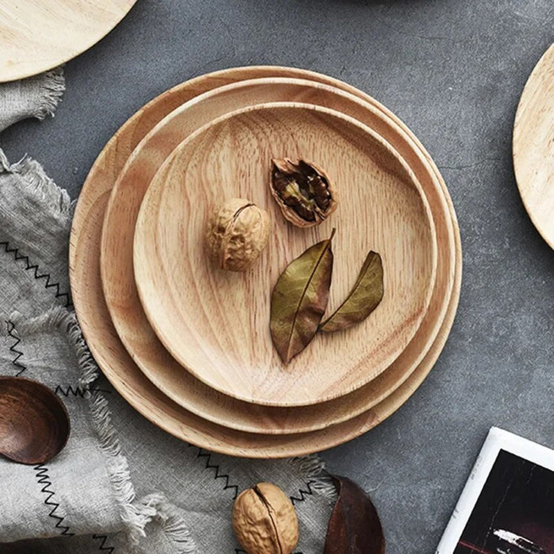 Anygleam Natural Wood 3pcs Round Wooded Plates Food Kitchen Tableware 4