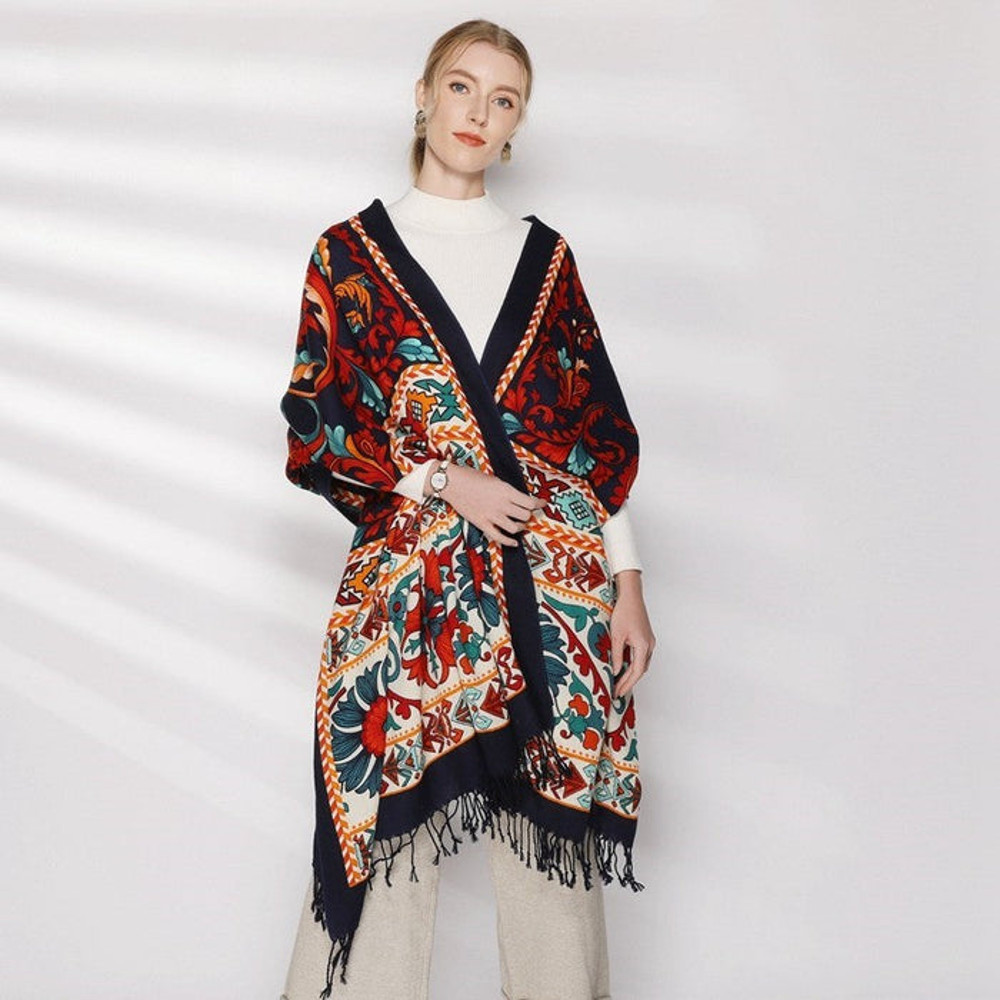 Anyyou 100 Pure Merino Wool Rose Red Poncho Winter Large Scarf 2