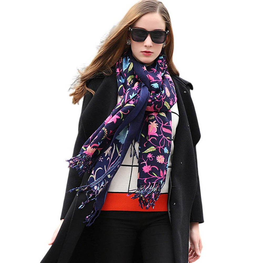 Anyyou 100 Pure Merino Wool Navy Blue Poncho Winter Large Scarf 0