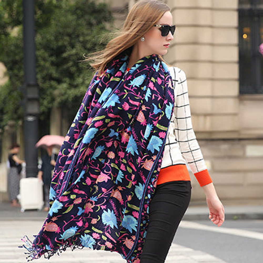 Anyyou 100 Pure Merino Wool Navy Blue Poncho Winter Large Scarf 1