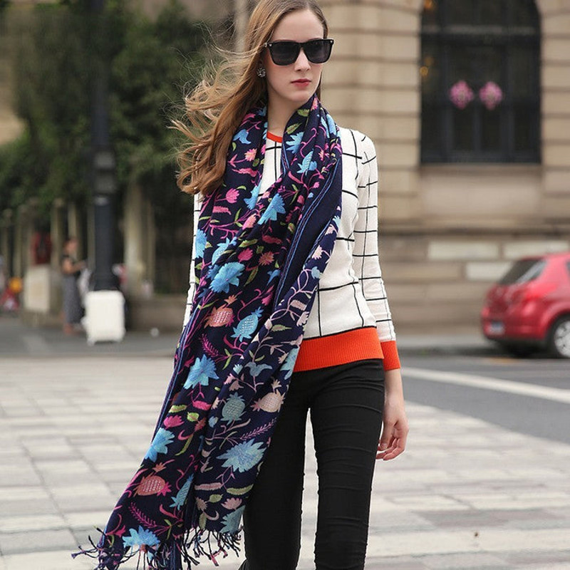 Anyyou 100 Pure Merino Wool Navy Blue Poncho Winter Large Scarf 4