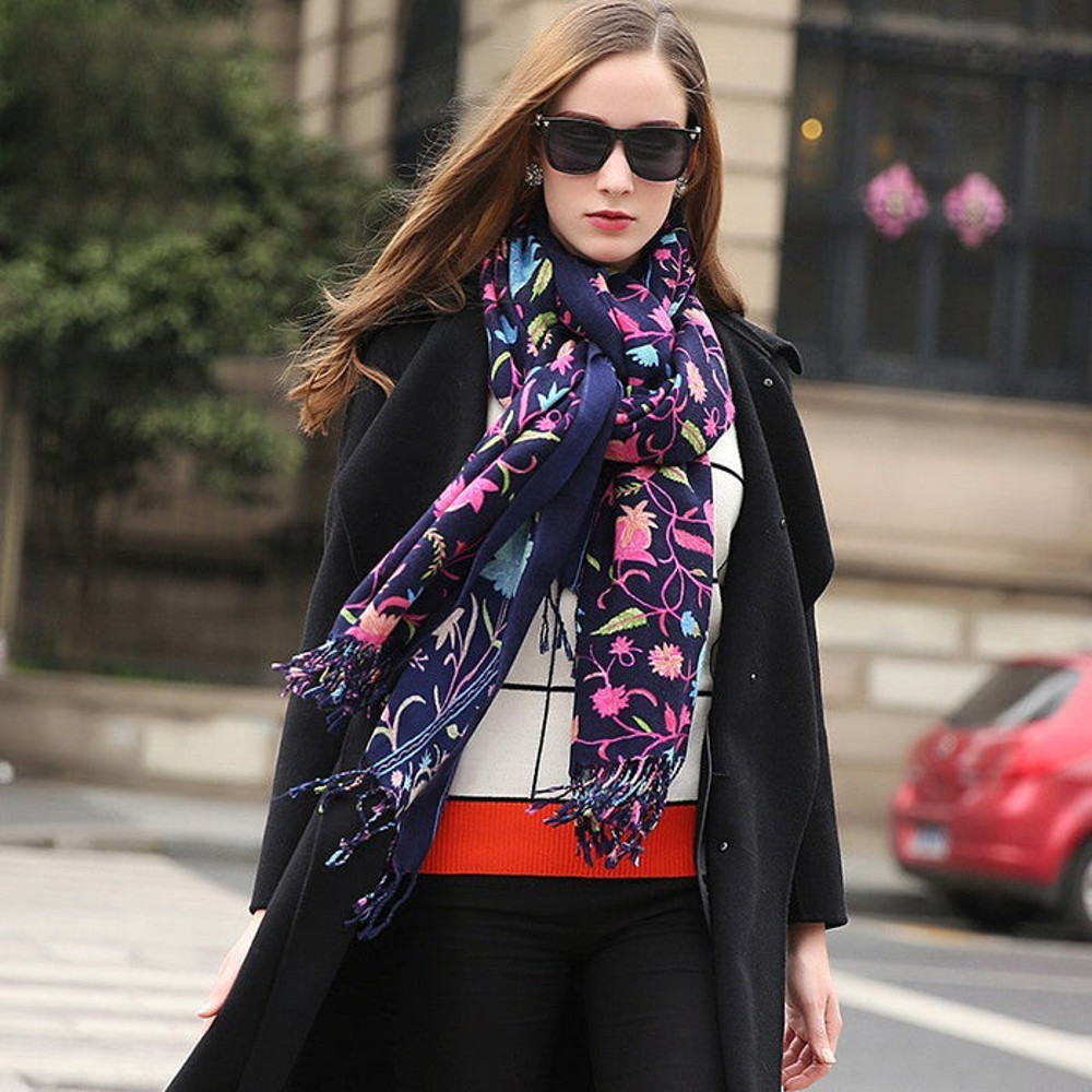 Anyyou 100 Pure Merino Wool Navy Blue Poncho Winter Large Scarf 5