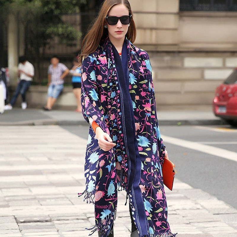 Anyyou 100 Pure Merino Wool Navy Blue Poncho Winter Large Scarf 6