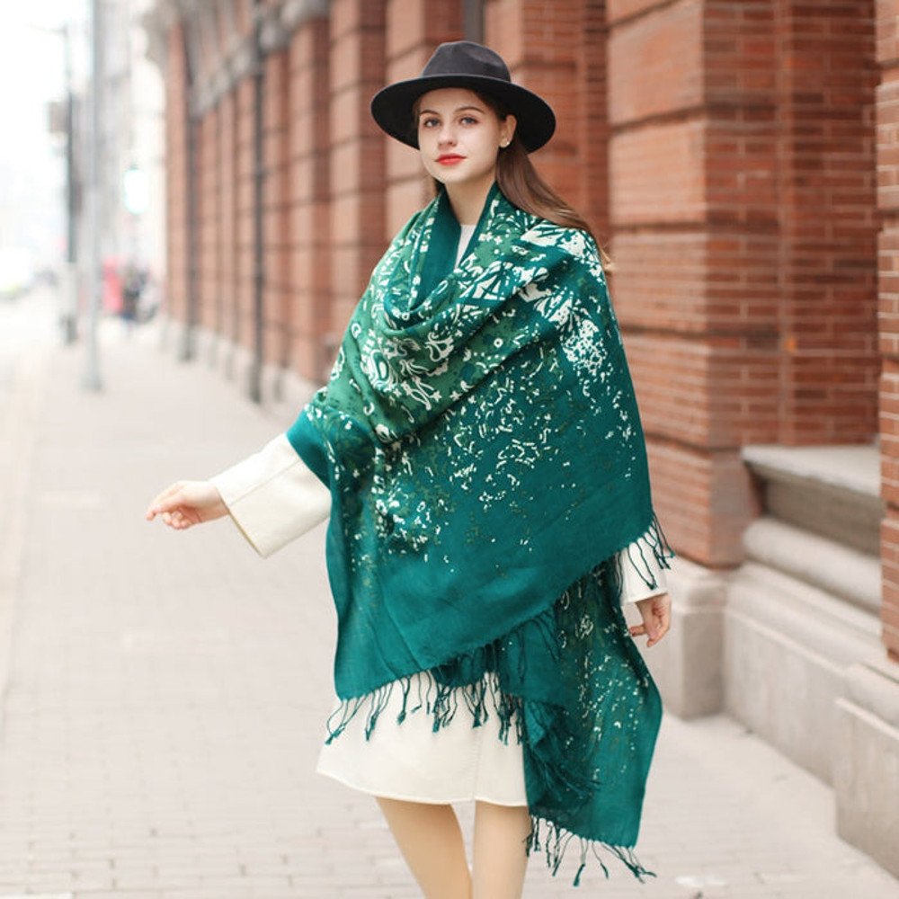 Anyyou 100 Pure Merino Wool Green Poncho Winter Large Scarf 3