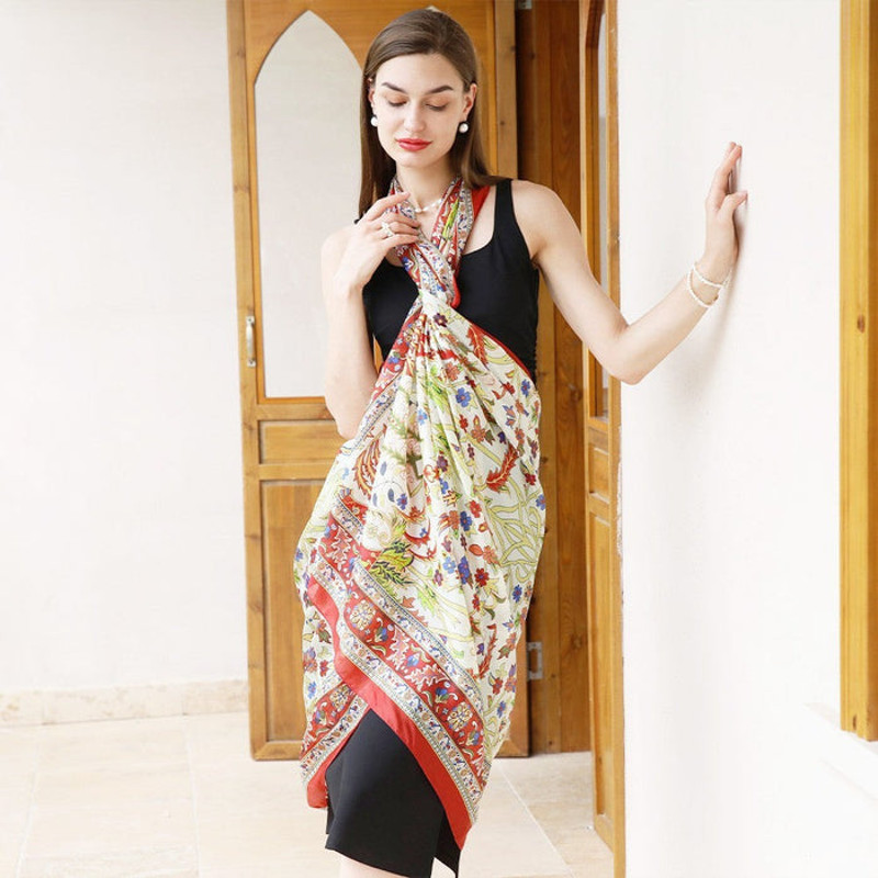 Anyyou 100 Mulberry Silk Red Green Long Scarf Luxury Brand 2