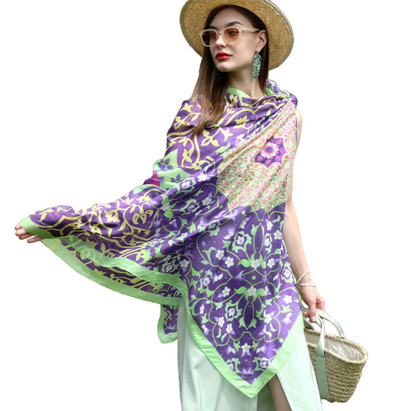 Anyyou 100 Mulberry Silk Purple And Green Long Scarf Luxury 0