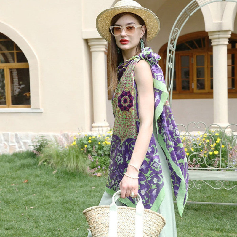 Anyyou 100 Mulberry Silk Purple And Green Long Scarf Luxury 5