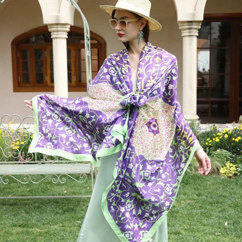 Anyyou 100 Mulberry Silk Purple And Green Long Scarf Luxury 6