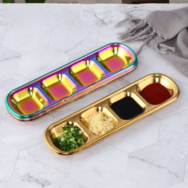 Anygleam Silver Stainless Steel 3 Grid Seasoning Sauce Dish Plates 2