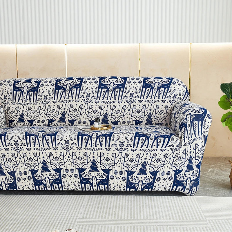 Anyhouz Sofa Cover Blue Christmas Reindeer Design Stretchable Slipcover 1