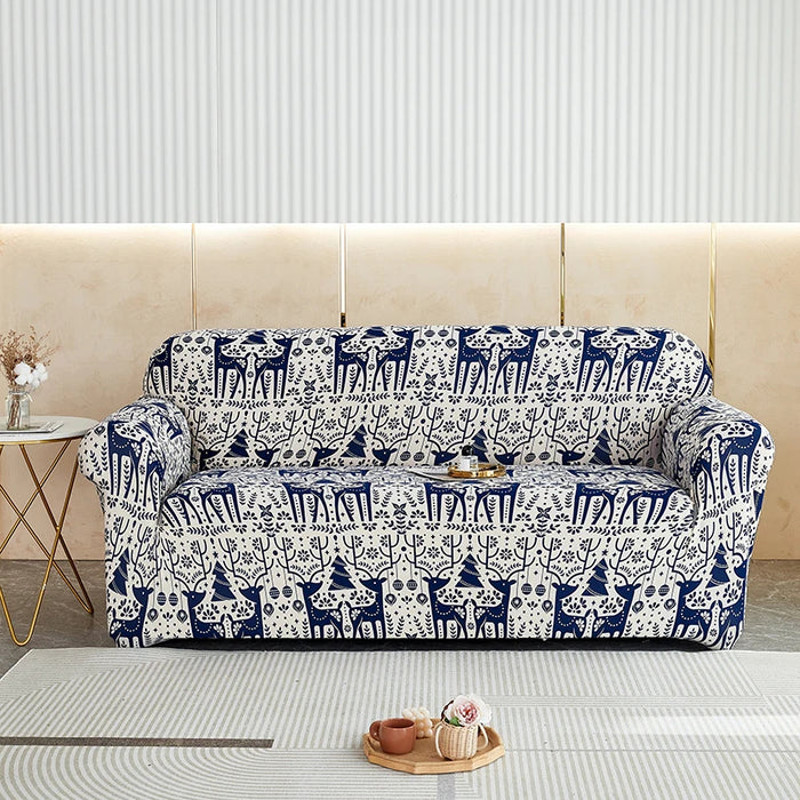 Anyhouz Sofa Cover Blue Christmas Reindeer Design Stretchable Slipcover 2