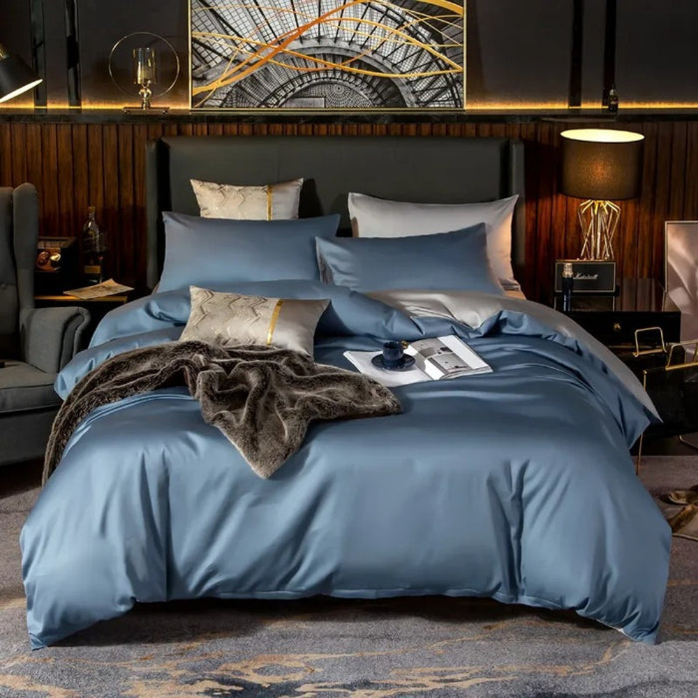 Anyhouz Bed Sheet Blue Light Grey Ultra Soft Luxury Egyptian Cotton Bedding 4