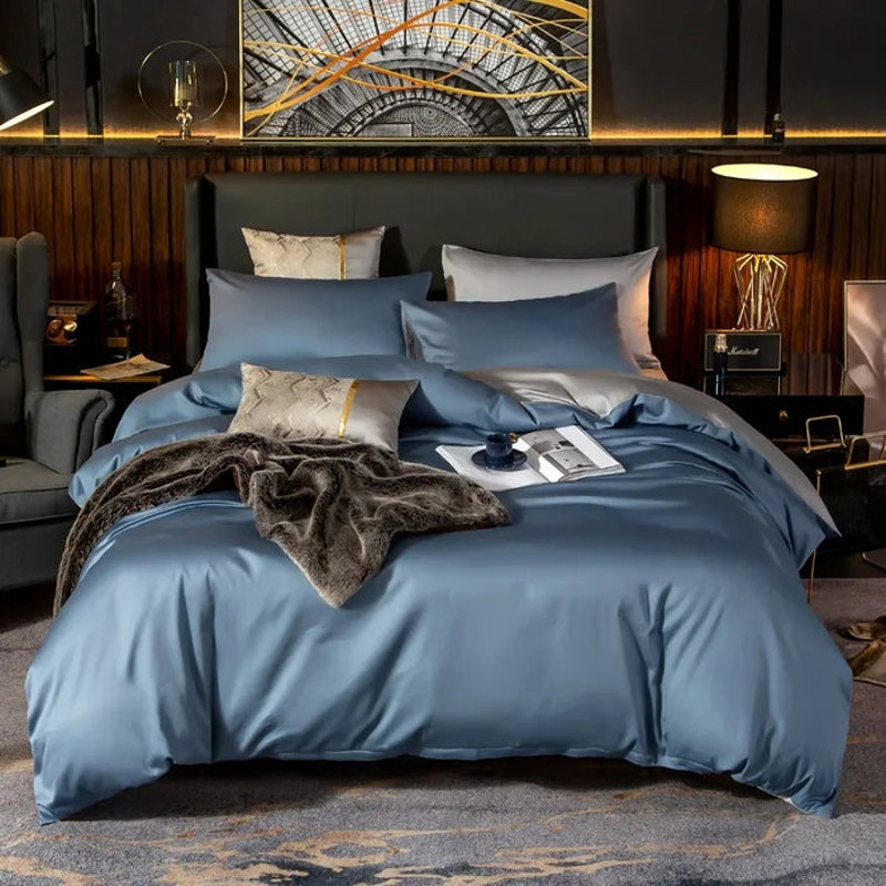 Anyhouz Bed Sheet Blue Light Grey Ultra Soft Luxury Egyptian Cotton Bedding 4