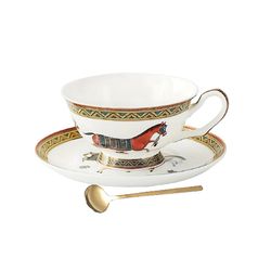 anygleam tea cup white with saucer gold spoon running horse