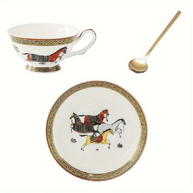 Anygleam Tea Cup White With Saucer Gold Spoon Running Horse 2