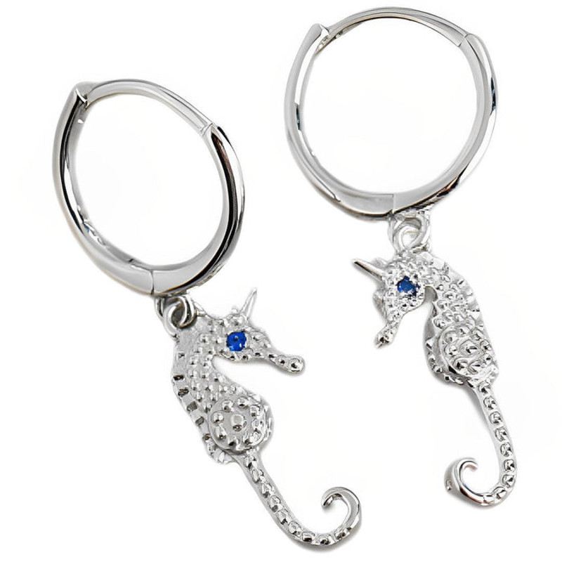Anyco Earrings Sterling Silver Punk Blue Zircon Seahorse Stud 0