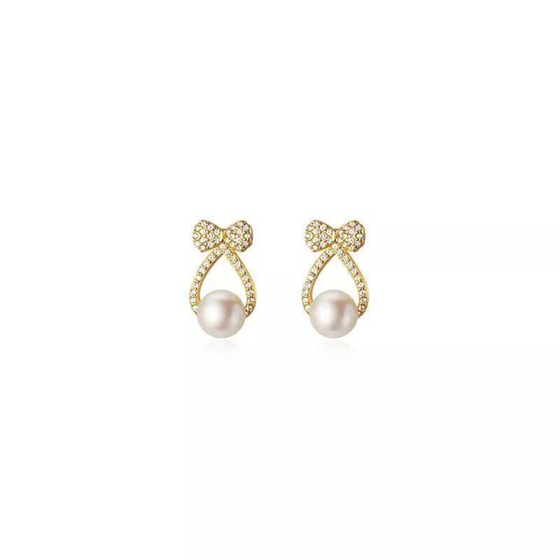 Anyco Fashion Earrings Gold 925 Sterling Silver Shiny Zircon Bow 0