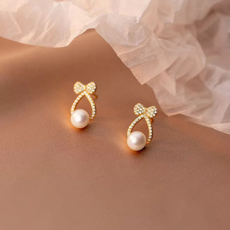 Anyco Fashion Earrings Gold 925 Sterling Silver Shiny Zircon Bow 1