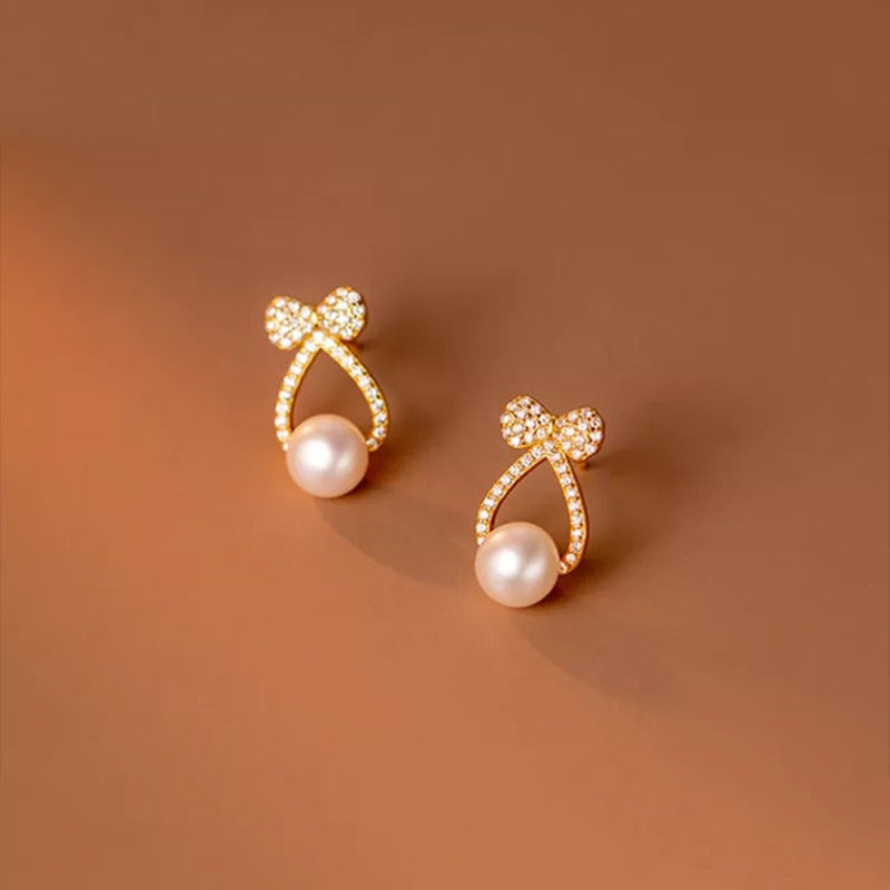 Anyco Fashion Earrings Gold 925 Sterling Silver Shiny Zircon Bow 2