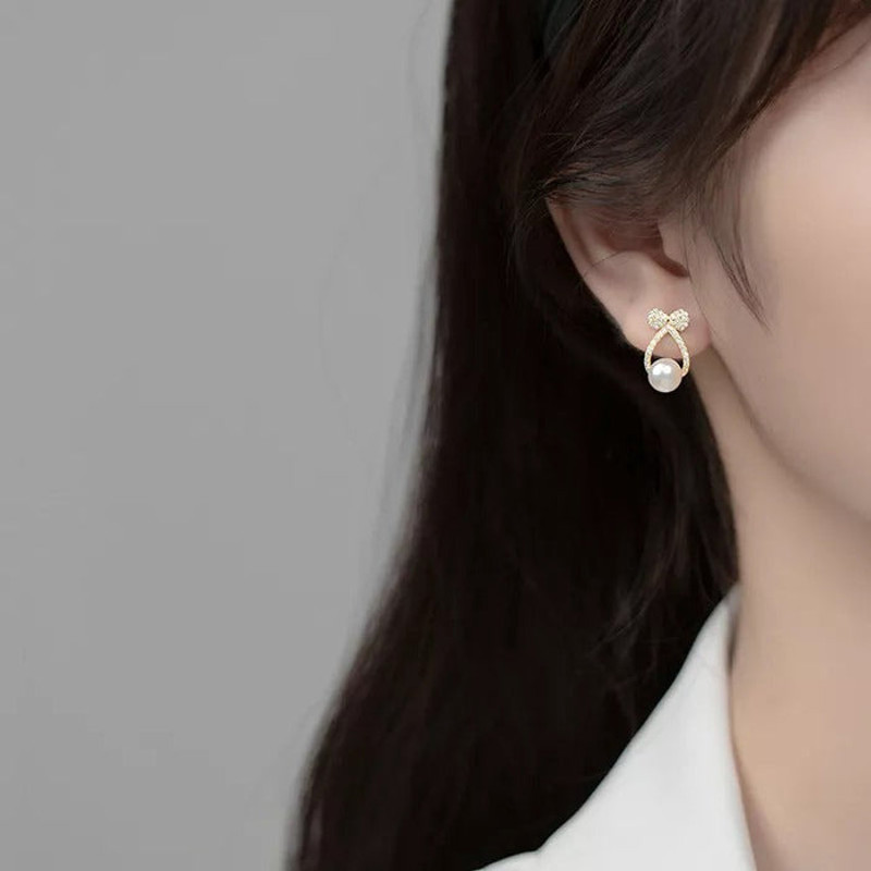 Anyco Fashion Earrings Gold 925 Sterling Silver Shiny Zircon Bow 3