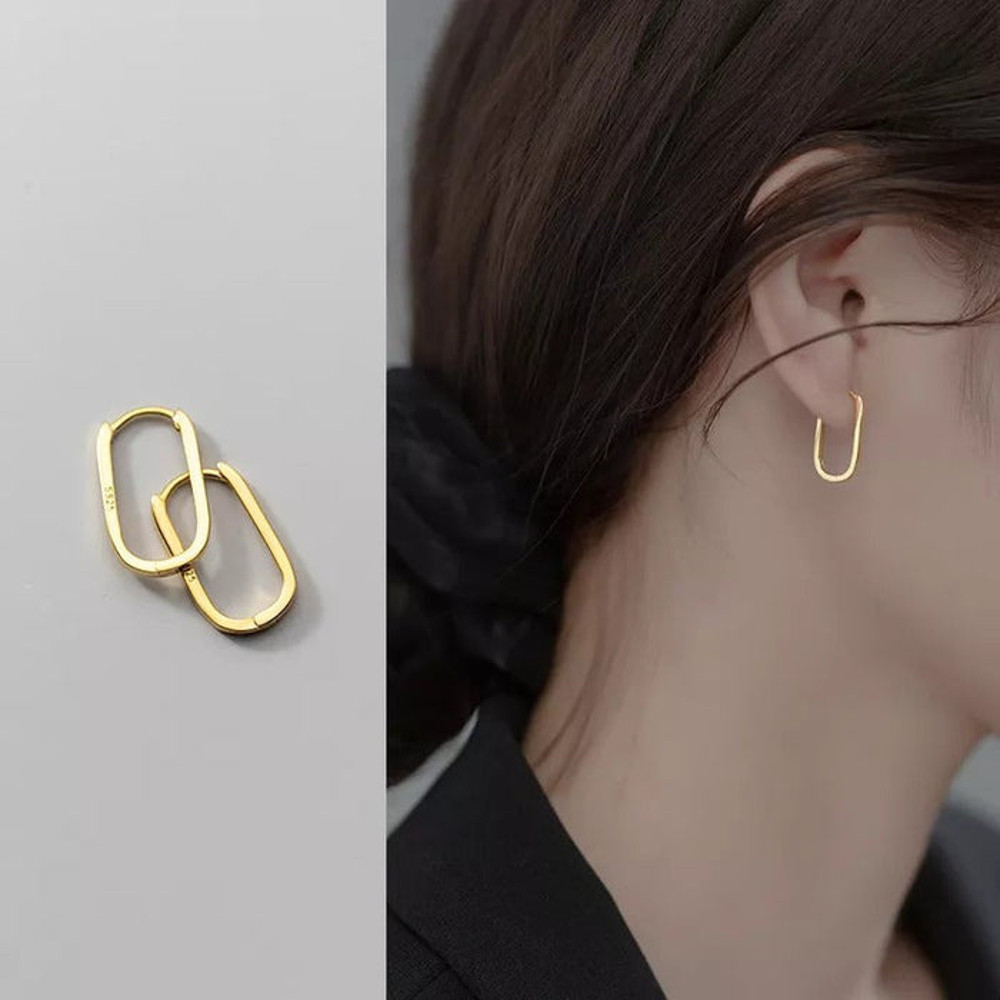 Anyco Fashion Earrings Gold 925 Sterling Simple Oval Glossy Huggies 2