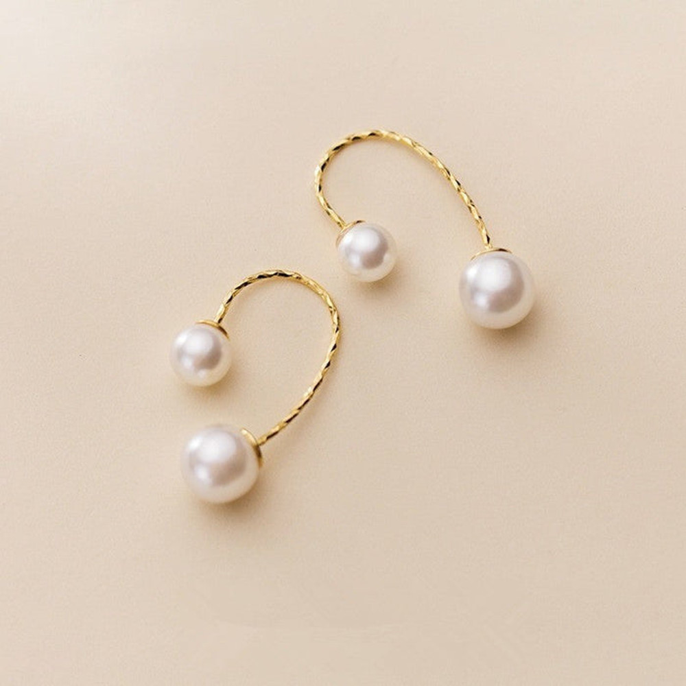 Anyco Fashion Earrings Real Gold Minimalist Pearl Line 2