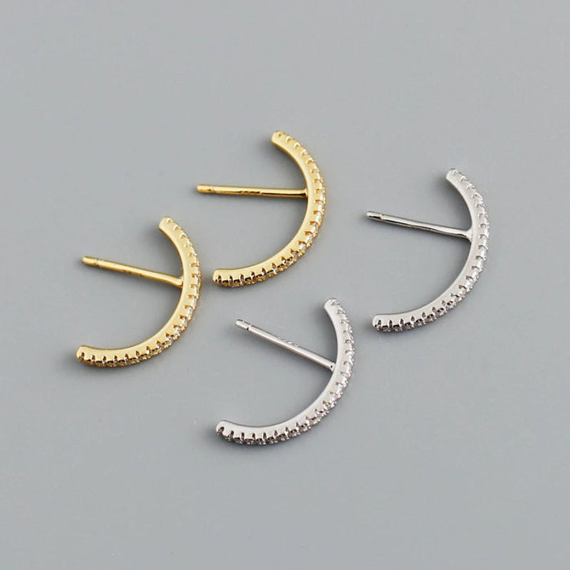 Anyco Earrings Sterling Silver Chic Line Zircon Curved Stud 3