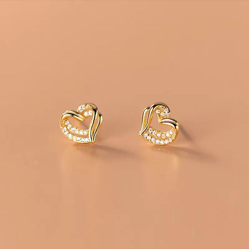 Anyco Fashion Earrings Gold 925 Sterling Hollow Double Love Heart 1