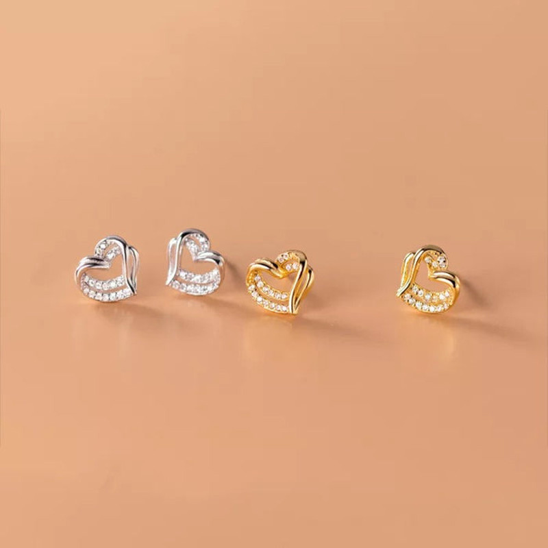 Anyco Fashion Earrings Gold 925 Sterling Hollow Double Love Heart 2
