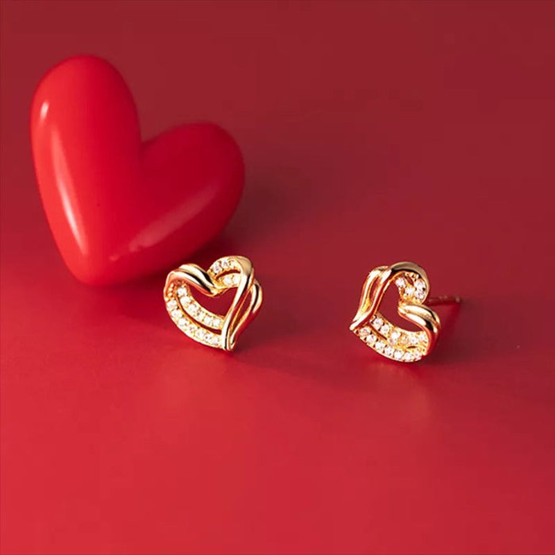 Anyco Fashion Earrings Gold 925 Sterling Hollow Double Love Heart 3
