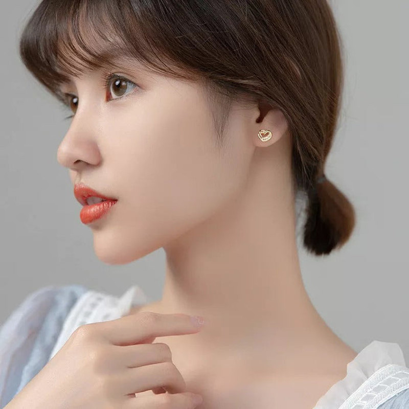 Anyco Fashion Earrings Gold 925 Sterling Hollow Double Love Heart 4