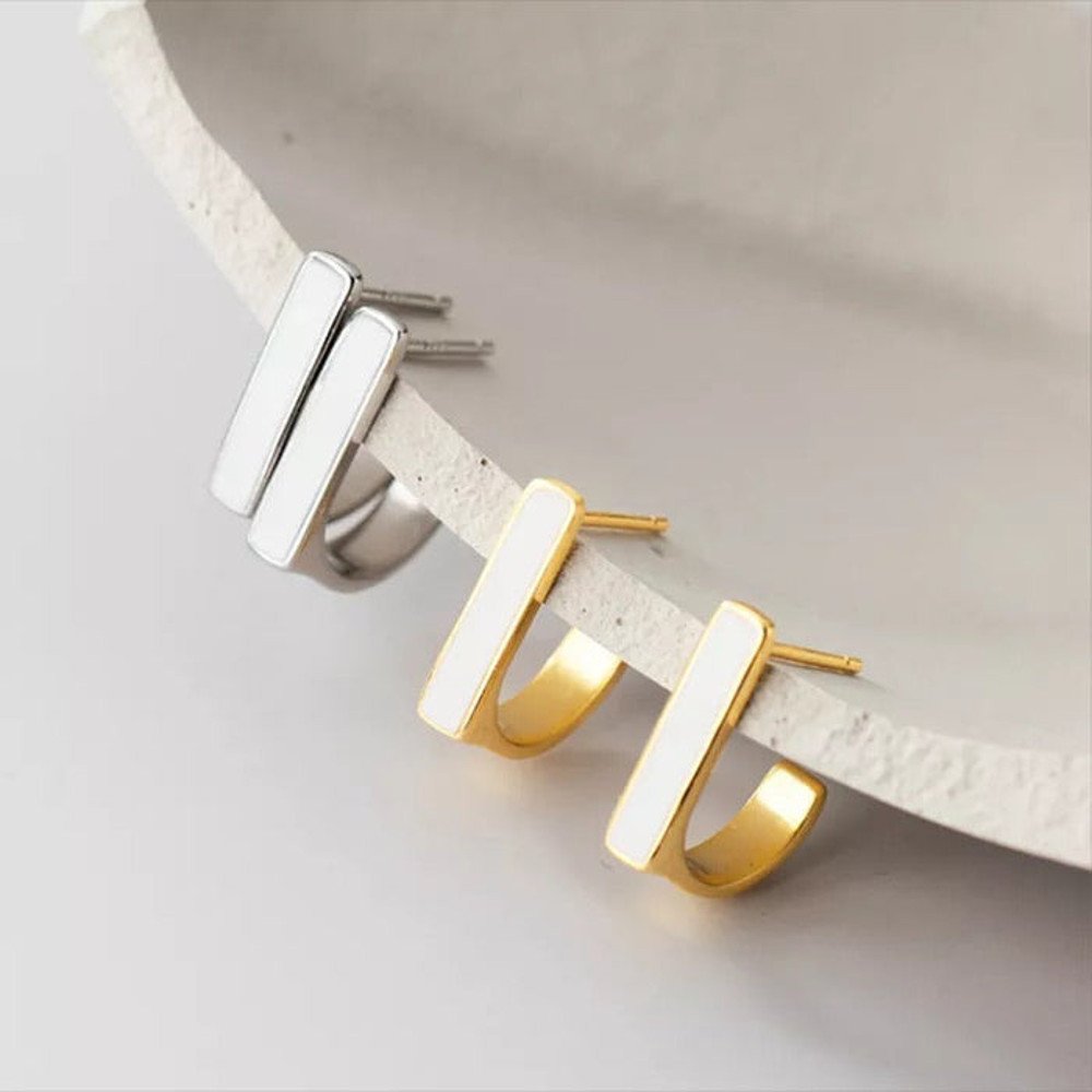 Anyco Fashion Earrings Gold 925 Sterling Silver Geometric Square White Enamel Elegant Stud For 2