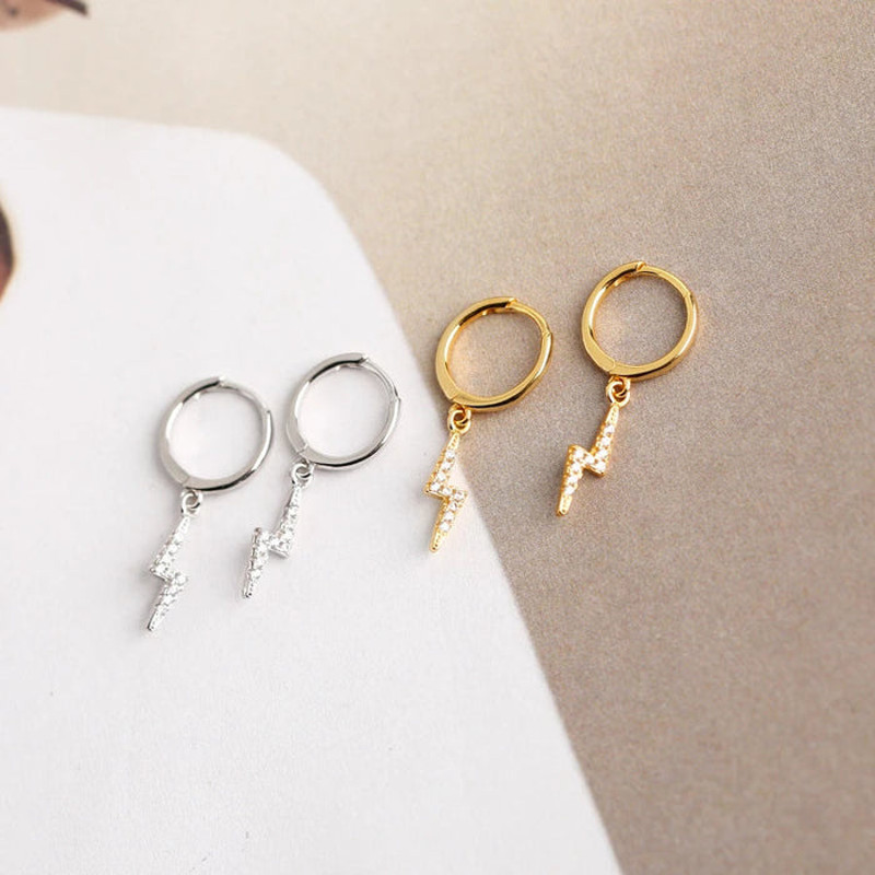 Anyco Earrings Buckle Punk Lightning Piercing White Zircon Charms 2