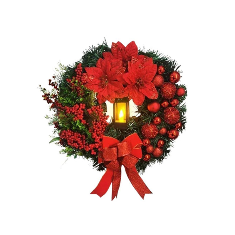 Anyhouz Christmas Wreath Red Ornaments Poinsettia Lantern Lamp Hanging Decor 0