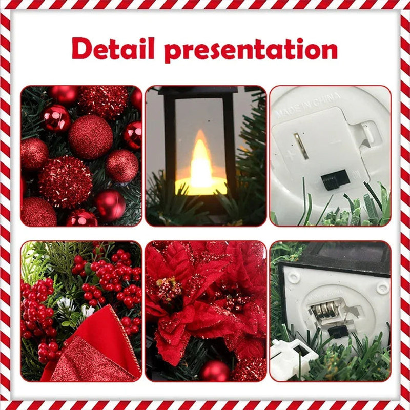 Anyhouz Christmas Wreath Red Ornaments Poinsettia Lantern Lamp Hanging Decor 6
