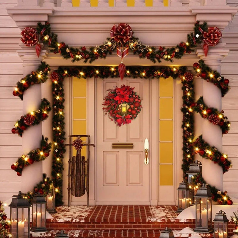 Anyhouz Christmas Wreath Red Ornaments Poinsettia Lantern Lamp Hanging Decor 5