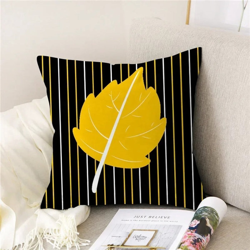 Anyhouz Pillowcase Black Striped With Yellow Leaf Cushion Cover 1