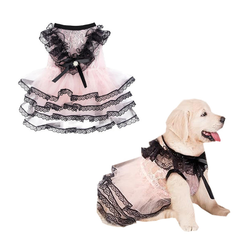 Anywags Pet Clothes Pink And Black Princess Dress With Tassel Skirt 0
