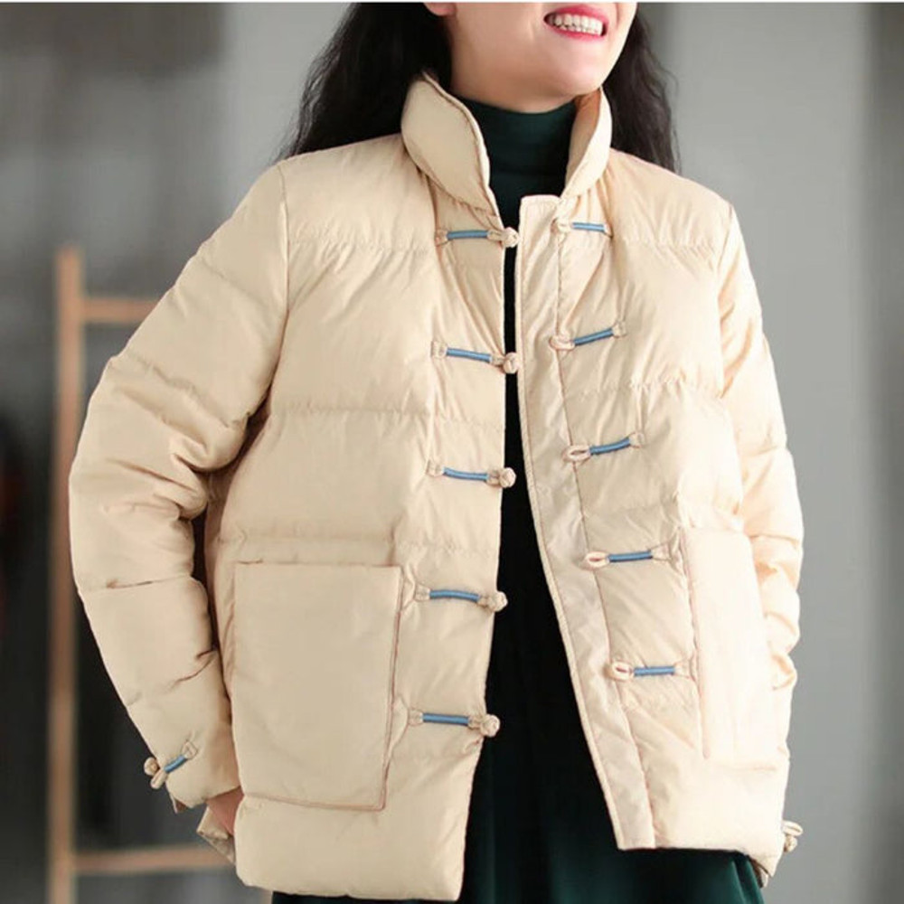 Anychic Puffer Jacket Beige Womens Down Autumn Embroidery Outerwear 1