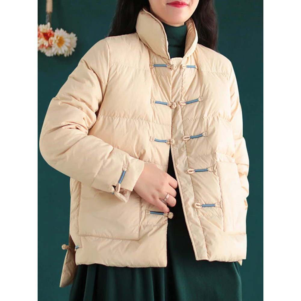 Anychic Puffer Jacket Beige Womens Down Autumn Embroidery Outerwear 2