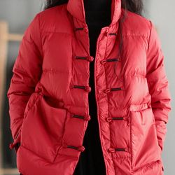 anychic puffer jacket red womens down autumn embroidery outerwear