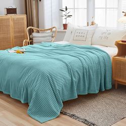 soga sky blue throw blanket warm cozy striped pattern thin flannel coverlet fleece bed sofa comforter