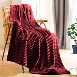 soga burgundy throw blanket warm cozy striped pattern thin flannel coverlet fleece bed sofa comforter